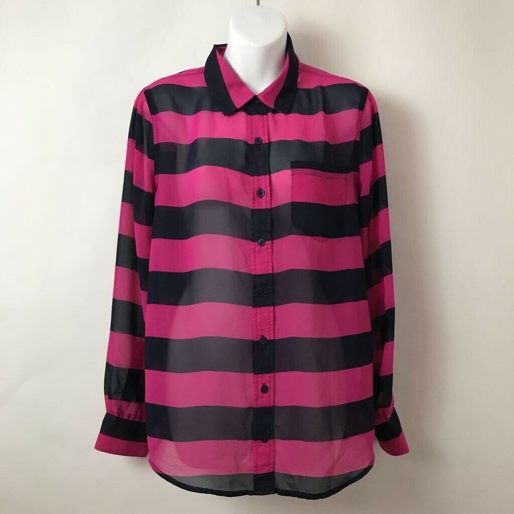 Banana Republic Pink Black Striped Shirt Sz S - Picture 1 of 6